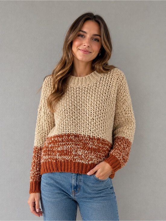 She + Sky Sweaters - Chunky Knit Colorblock Sweater in Beige and Rust